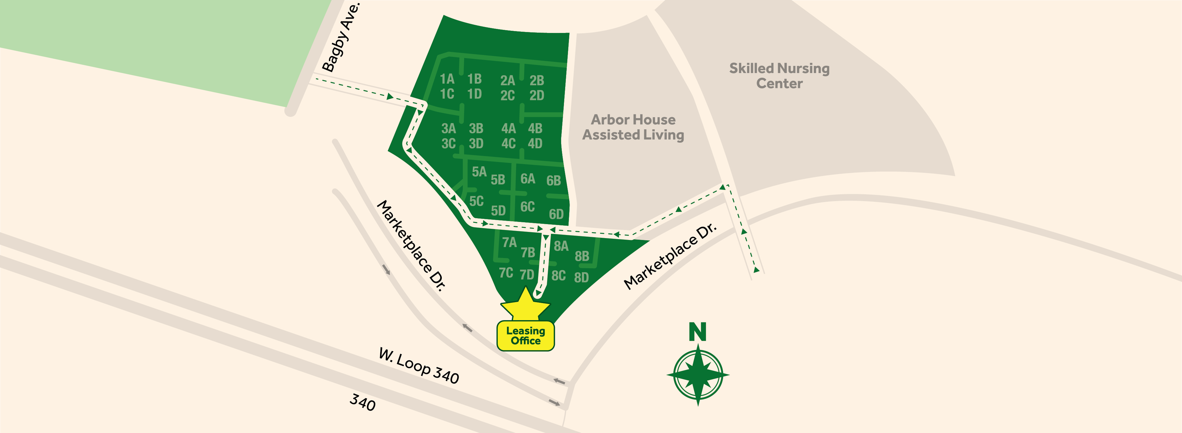 Map view of the Waco's Emerald Cottages for cottage-style senior living